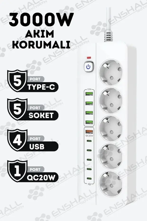 Pro P13 3000w Akım Korumalı 5 Girişli Type-c Ve Usb Girişli Uzatmalı Grup Priz Beyaz 2