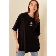 Blackjack Giyim Kadın Siyah Önü Şef Kedicik Baskılı Bisiklet Yaka Oversize Pamuklu T-shirt Siyah3