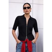 Sateen Kısa Kollu Fermuarlı Triko - Siyah-137953