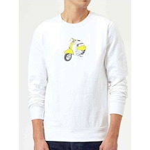 Yellow White Retro Scooter Baskılı Beyaz Erkek Örme Sweatshirt