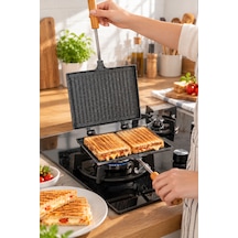 Porsima Çift Taraflı Ocak Üstü Tost Makinesi 17x23 Cm Granit İç Yüzeyli Ahşap Saplı Klasik Tost Tavası Teflon