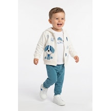 Toontoy Kids Toontoy Erkek Çocuk 3'lü Eşofman Takımı Uzun Kollu Bisiklet Yaka Nakışlı T-shirt - Kapüşonlu Fermuarlı Hırka- Beli Paçası Lastikli Eşofman Altı 25043 Mavi