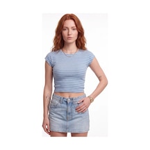 CEMO Çizgili Bisiklet Yaka Crop Bluz Mavi