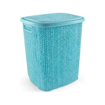 Kirli Çamaşır Sepeti Kapaklı 65 Lt Örgü Desenli Plastik Çamaşır Sepeti Banyo Sepeti - Turkuaz Renkli