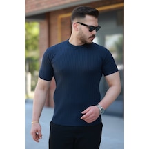 Erkek Bisiklet Yaka Örgü Desenli Kısa Örme Triko Kısa Kollu T-shirt Lacivert