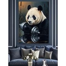 Ahşap Tablo Ağırlık Kaldıran Güçlü Panda Figürü