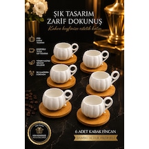 6 Kişilik 12 Parça Bambu Tabaklı Beyaz Porselen Kahve Fincan Takı