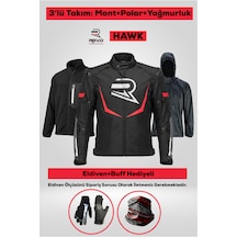 Revo Hawk Kırmızı 3 Katmanlı 4 Mevsim Unisex Motosiklet Montu + Eldiven Ve Buff