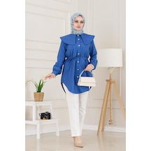 Sevitli Beli Bağcık Detaylı Geniş Yaka Tunik-indigo-4994 Indigo