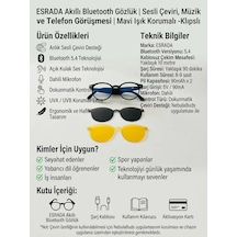 Esrada Akıllı Bluetooth Gözlük Sesli Çeviri, Müzik Ve Telefon Görüşmesi Mavi Işık Korumalı- Klıpslı Es220 C01 50