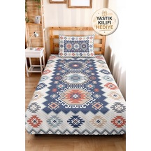 Etnik Geometrik Mavi Pike Takımı - Bohem Kilim Desenli Mercan Bej 160x220 Cm Kapitone Yatak Örtüsü Kışlık Misk Yumuşaklığı