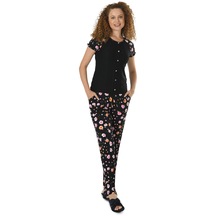 Kadın Siyah Düğmeli Baskılı Yarım Kol Viskon Pijama Takımı 10123 - Xl