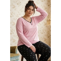 Siyah İnci Pembe Desenli Düğmeli Büyük Beden Battal Boy Viskon Örme Pijama Takım 26224831