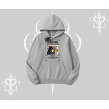 Wanted Temalı Kedi Baskılı Kapşonlu Sweatshirt Gri