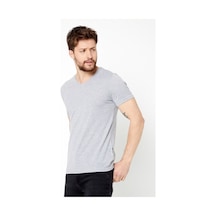 Comeor Erkek Gri Slim Fit Pamuklu Kısa Kollu V Yaka T-Shirt Gri