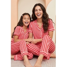 Siyah İnci Pamuklu Likralı Düğmeli Pijama Takım Kırmızı Pembe