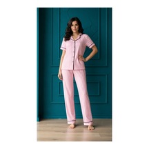 Rindahomewear Arabiyeli Kadın Pembe Çizgili Pamuklu Örme Kısa Kol Düğmeli Pijama Takım Pembe