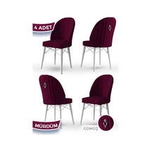 Canisa Ritim Serisi 4 Adet Mürdüm Sandalye 1.sınıf Babyface Ithal Kumaş Beyaz Gürgen Ayak Gümüş Halkalı Sandalye Mürdüm Ayakları Beyaz