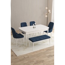 Flora Beyaz 80x132 Mdf Açılabilir Mutfak Masası Takımı 4 Sandalye, 1 Bench Lacivert
