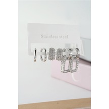 By Zeyna Aksesuar Kadın Vip Seri Baget Zirkon Taşlı Klipsli 6'lı Set Küpe-5120 Gümüş
