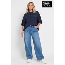 Superlife Kadın Büyük Beden L.v. Est Belle Baskılı 3xl-6xl Bisiklet Yaka Tshırt Spr26btsk510-17 Lacivert