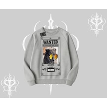 Wanted Temalı Kedi Baskılı Biskilet Sweatshirt Gri