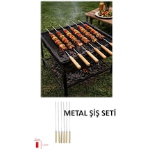 Metal Şiş Seti 6 Adet 32cm Ahşap Saplı Mangal Şiş Takımı Barbekü Şişi Çelik Şiş
