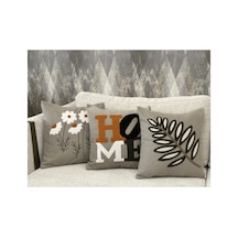3 Lü Dekoratif Kırlent Kılıfı Seti Papatya Home Yazılı Yaprak Desenli Boho Modern Bej Bej