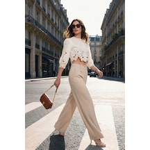Lela Standart Fit Yüksek Bel Bol Paça Bayan Pantolon 6522280 Taş