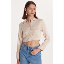 Tudors Kadın Slim Fit Dar Kesim Uzun Kollu Klasik Yaka Taş Rengi Gömlek-34282 Taş