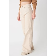 Woddi Kadın Nisa Krem Salaş Likralı Rahat Kesim Palazzo Kot Pantolon Jean New-5