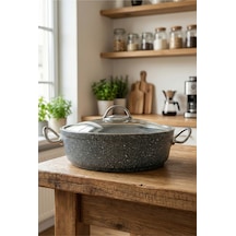 Bonetti Granit Pilav Tenceresi & Karnıyarık Tenceresi Cam Kapaklı, Metal Kulp 26 Cm Gri