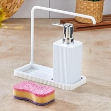 Modern Mutfak Sıvı Sabunluk Seti, Plastik, Askılı Tasarım, 20.5x20x9 Cm, Damlalıklı Stand Beyaz