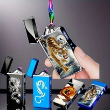 Willowhaven Siyah Kaplan Desenli Rüzggeçirmez Usb Şarjlı Plazma Çakmak El Feneri Siyah