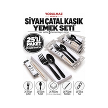 Lüks Siyah Çatal Kaşık Yemek Seti 25 Kişilik 33 33 Cm Garson Katlamalı Peçete, Poşetli Kürdan Ve Stick Tuz