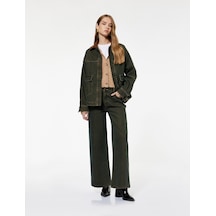 Koton Suni Süet Yaka Leopar Astarlı Cepli Düğmeli Uzun Kollu Oversize Denim Ceket Ovd 7wal50002md
