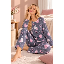 Free Beka Bisiklet Yaka Şık Desenli Rahat Ve Esnek Kumaş Uzun Kollu Kadın Pijama Takımı Gri
