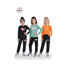 Fyk Kids 3'lü Yuvarlak Yaka Sweatshirt Siyah Eşofmanlı Baskı Detaylı 6 Parça Kız Çocuk Alt Üst Takım Siyah - Turuncu