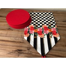 Kırmızı Gül Desenli Runner & Supla Çok Renkli