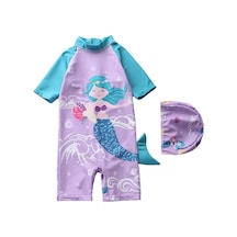 Güneş Korumalı Kısa Kollu Mermaid Denizkızı Desenli Kız Çocuk Mayo Upf Kız Çocuk Mayo Mor
