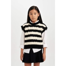 DeFacto Kız Çocuk Çizgili Bisiklet Yaka Örgü Desenli Triko Süveter C9657A824WNBK27 Siyah