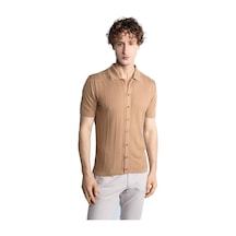 Vizon Slim Fit Dar Kalıp Düğmeli Polo Yaka Desenli Kısa Kollu Triko Tişört-16322 Bej