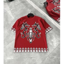 Ertaştrendstore Erkek Kısa Kol Bisiklet Yaka Baskılı Oversize T-shirt - Kırmızı Çok Renk