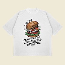 Tarzsokak Hamburger Baskılı Oversize Unisex Pamuklu Nefes Alan Kalın Kumaşlı Beyaz