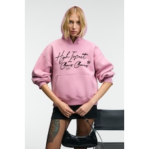 Grımelange Kıkres Kadın Kapüşonlu Nakış Detaylı Oversize Koyu Pembe Sweatshirt Koyu Pembe