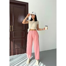 Zeo Basic Paraşüt Kumaş Kargo Cepli Bel Ve Paça Lastikli Pantolon Pembe Pembe