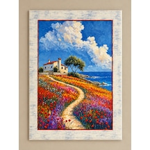 Ahşap Eskitme Çerçeve Desenli Deniz Manzaralı Dağ Evi Temalı Dekoratif Ahşap Tablo 52x72 Cm