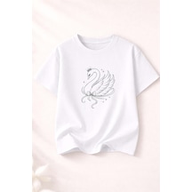 Herkesemoda Kuğu Baskılı Kadın Bisiklet Yaka Pamuklu T-shirt Beyaz