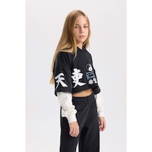 DeFacto Kız Çocuk 2'li Takım Bisiklet Yaka Baskılı Sweatshirt Beli Lastikli Jogger Eşofman Altı D4066A824WNBK26 Siyah