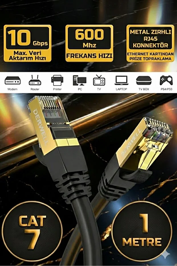 1 Metre 1mt Yeni Nesil Rj45 Kablo Cat7u/ftp Altın Kaplama Korumalı 10gb/sn Ağ Lan Ethernet Kablosu
